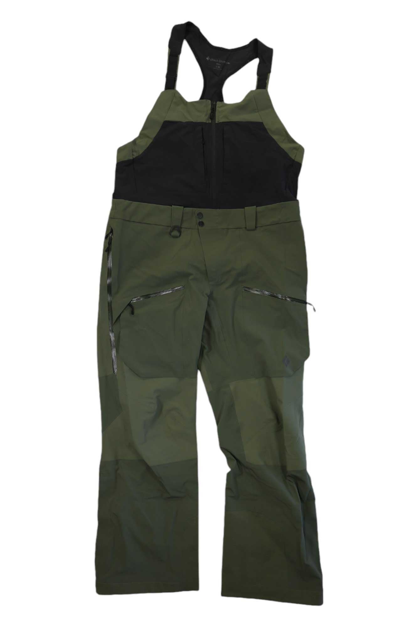 Black Diamond men's bib ski pants, tundra green with black bib and zip front