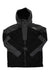 Men's black hooded zip jacket with chest logo patch and adjustable hood