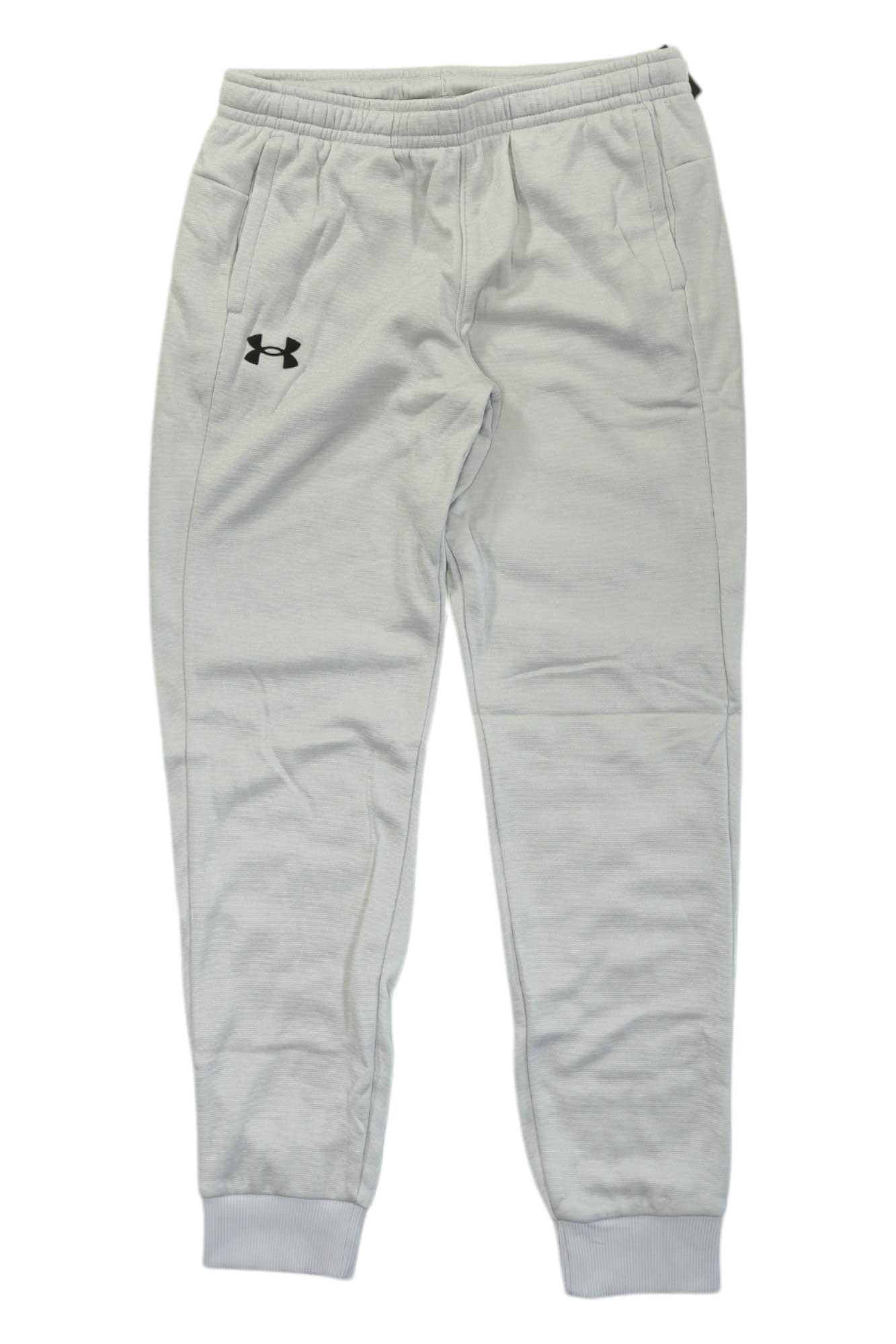 Boys' light-gray fleece jogger pants with cuffed hems, elastic waistband, front logo