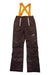 The Kari Traa Women's Voss Ski Pant is a pair of dark brown ski pants with yellow adjustable suspenders, light pink front pocket zippers, and a small white logo on the upper left leg. These water-resistant pants offer stylish protection on the slopes.