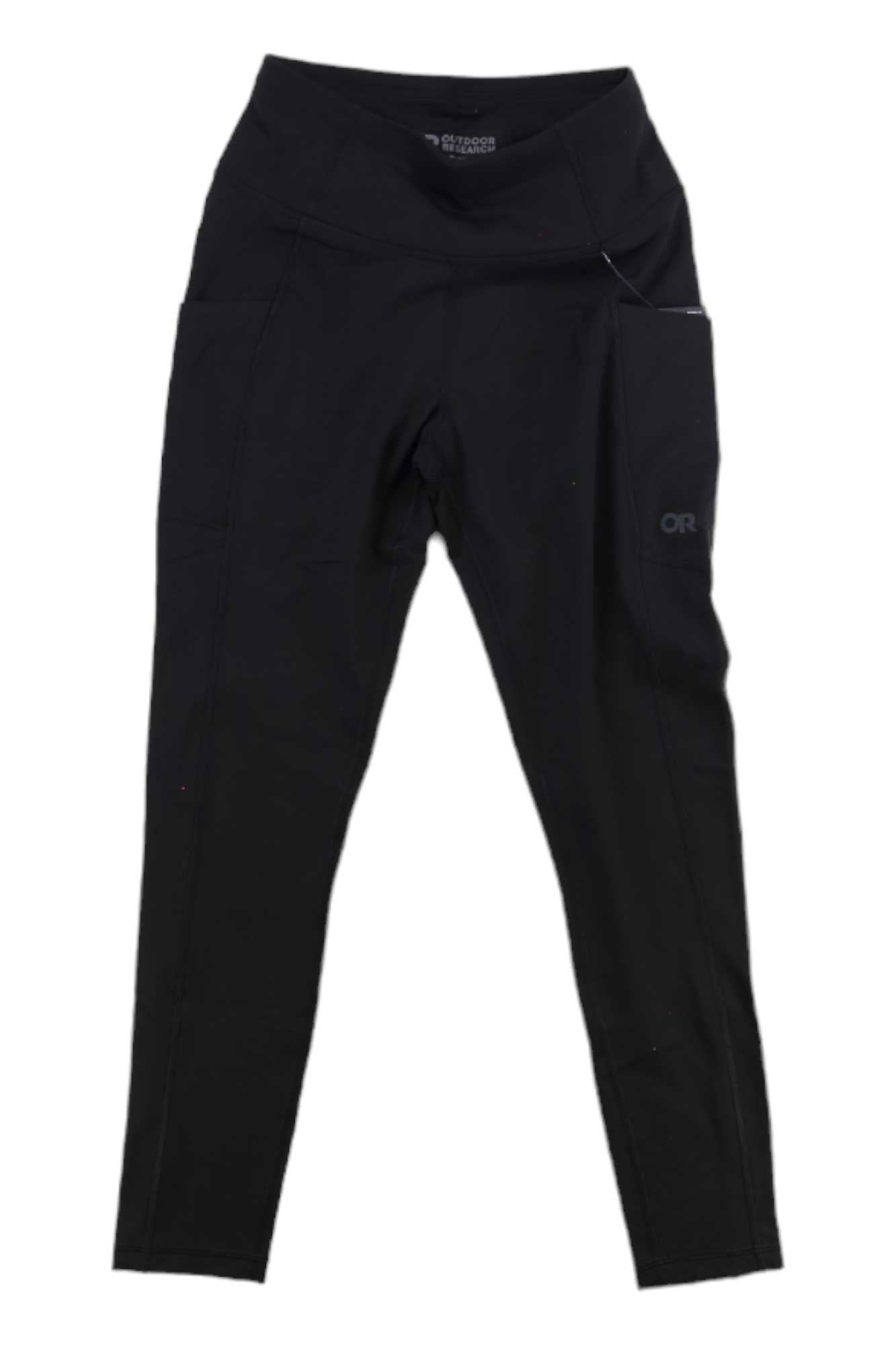 The Outdoor Research Women's Melody 7/8 Legging in black features a high waistband, side pockets, moisture-wicking fabric, and a subtle logo on the left thigh. Shown laid flat on a white background.