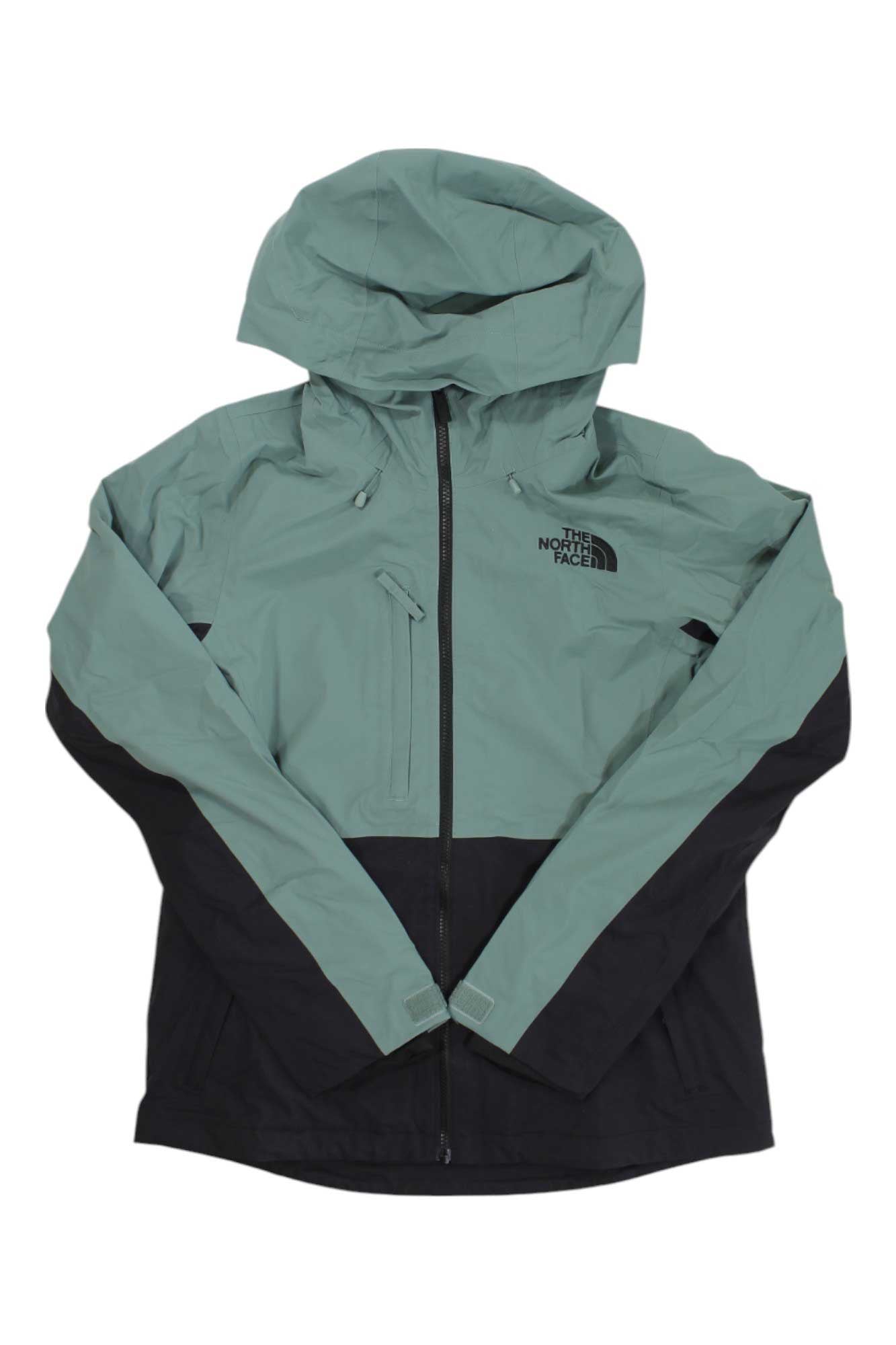 The North Face Womens Freedom Stretch jacket, dark sage with black hood and zip front.