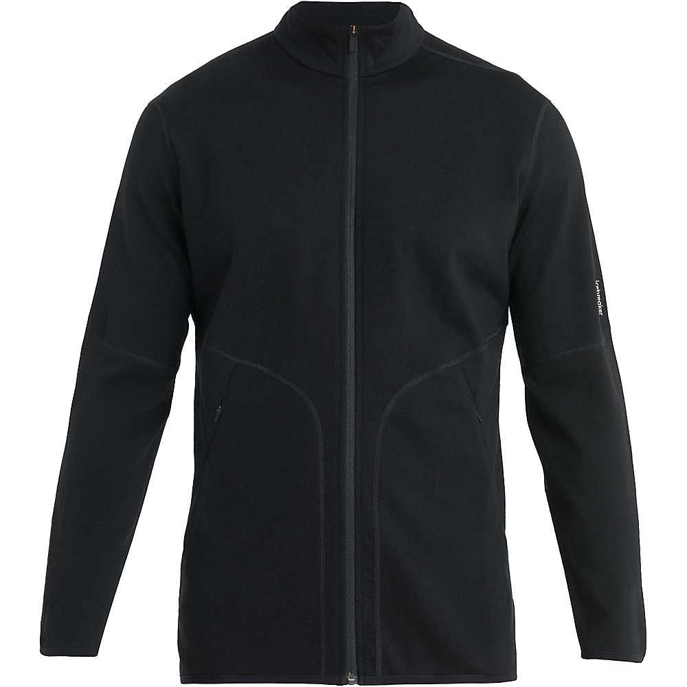 The Icebreaker Mens Merino 560 Realfleece Elemental II LS Zip Jacket is a black, full-zip men’s hiking jacket with long sleeves, high collar, and two zippered side pockets, shown on a plain white background.