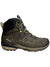 Men's hiking boot, dark brown with neon green trim and metal lace hooks