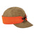 The Stormy Kromer The Insulated Waxed Cotton Cap is a weather-resistant brown cap with a curved brim, bright orange band, and black bow—ideal outdoor headwear for any adventure.