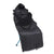 A Helinox Toasty Blanket for Sunset/Beach, a black insulated hooded camping blanket with quilted stitching and arm openings, is draped over a blue folding chair to keep you warm and comfortable outdoors.