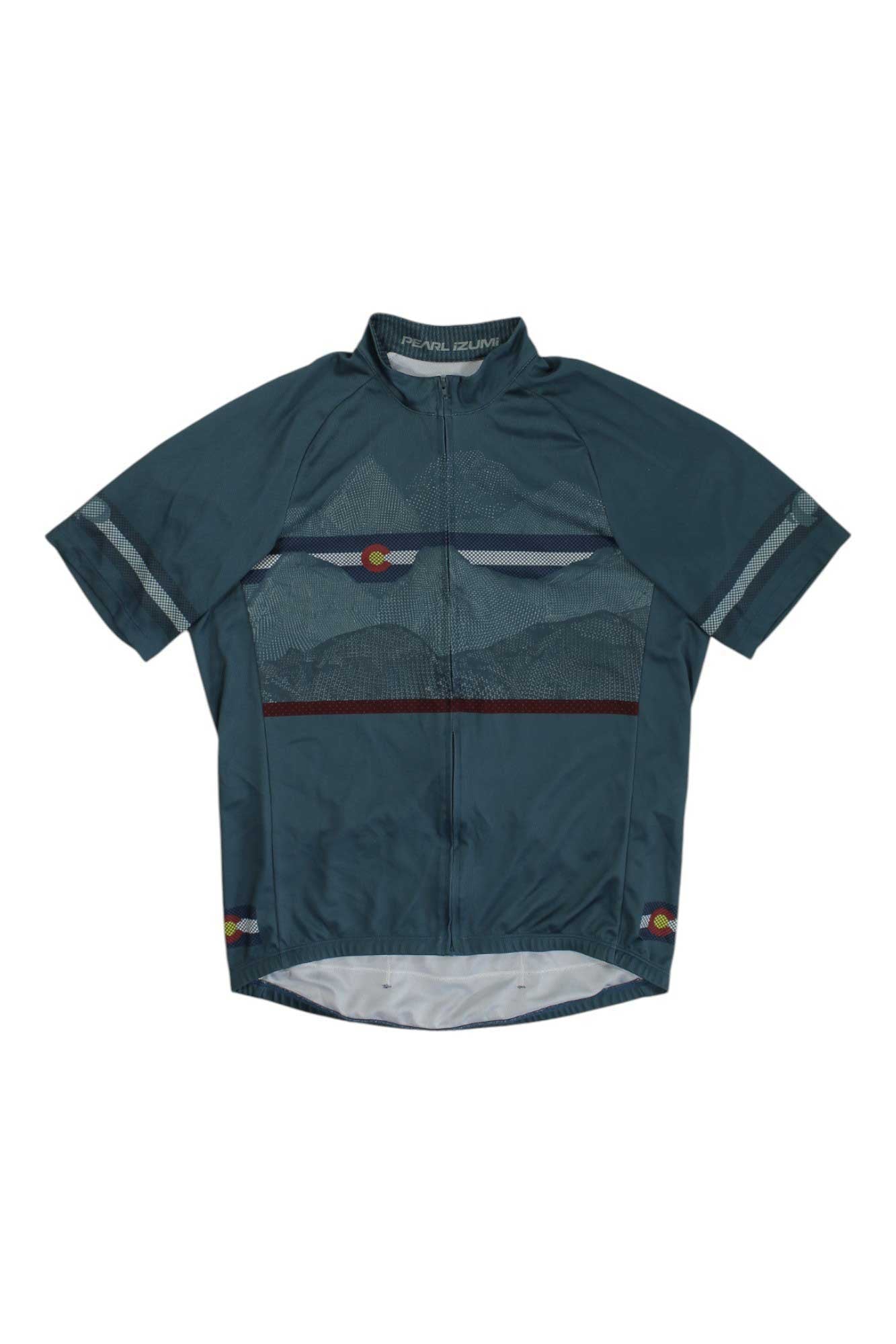 Pearl Izumi men's short-sleeve cycling jersey, teal blue, full zip collar