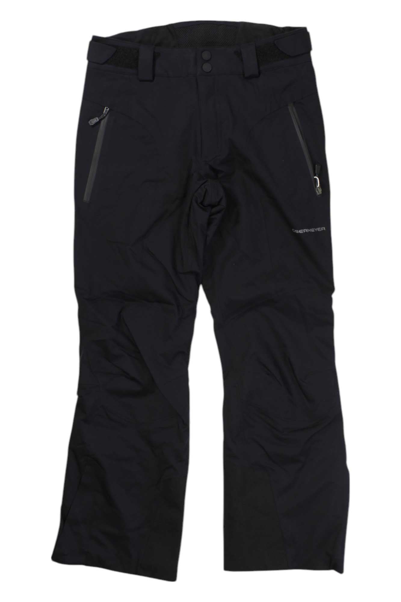 Obermeyer Men's Process Pant in black, waterproof with PrimaLoft Black insulation, two zippered front pockets, adjustable waistband, and straight legs shown laid flat on a white background.