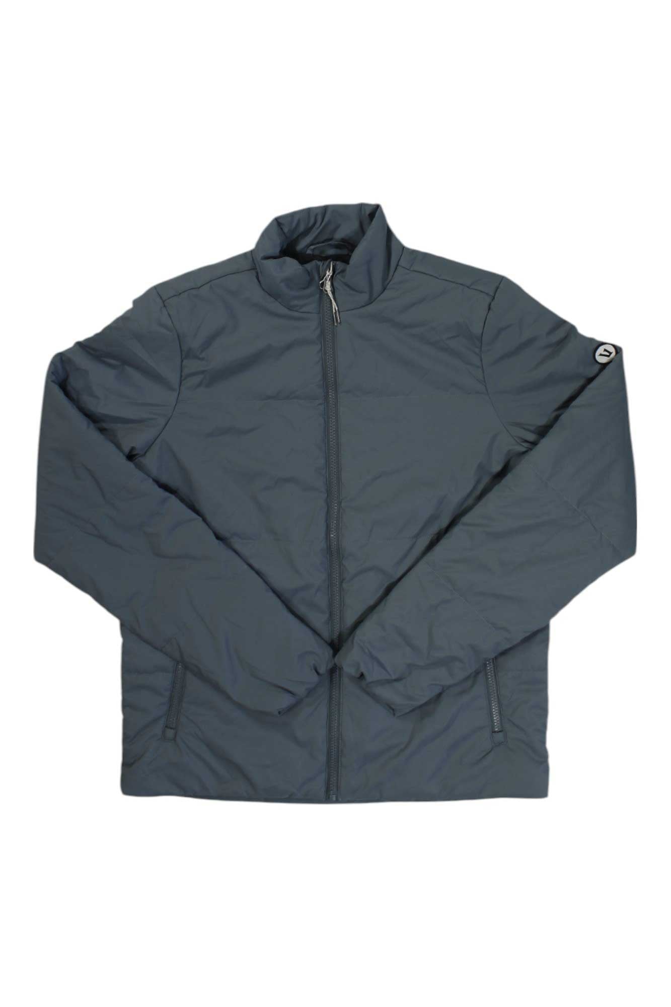 Men's insulated zip-front jacket, dark teal with stand collar and sleeve logo patch.