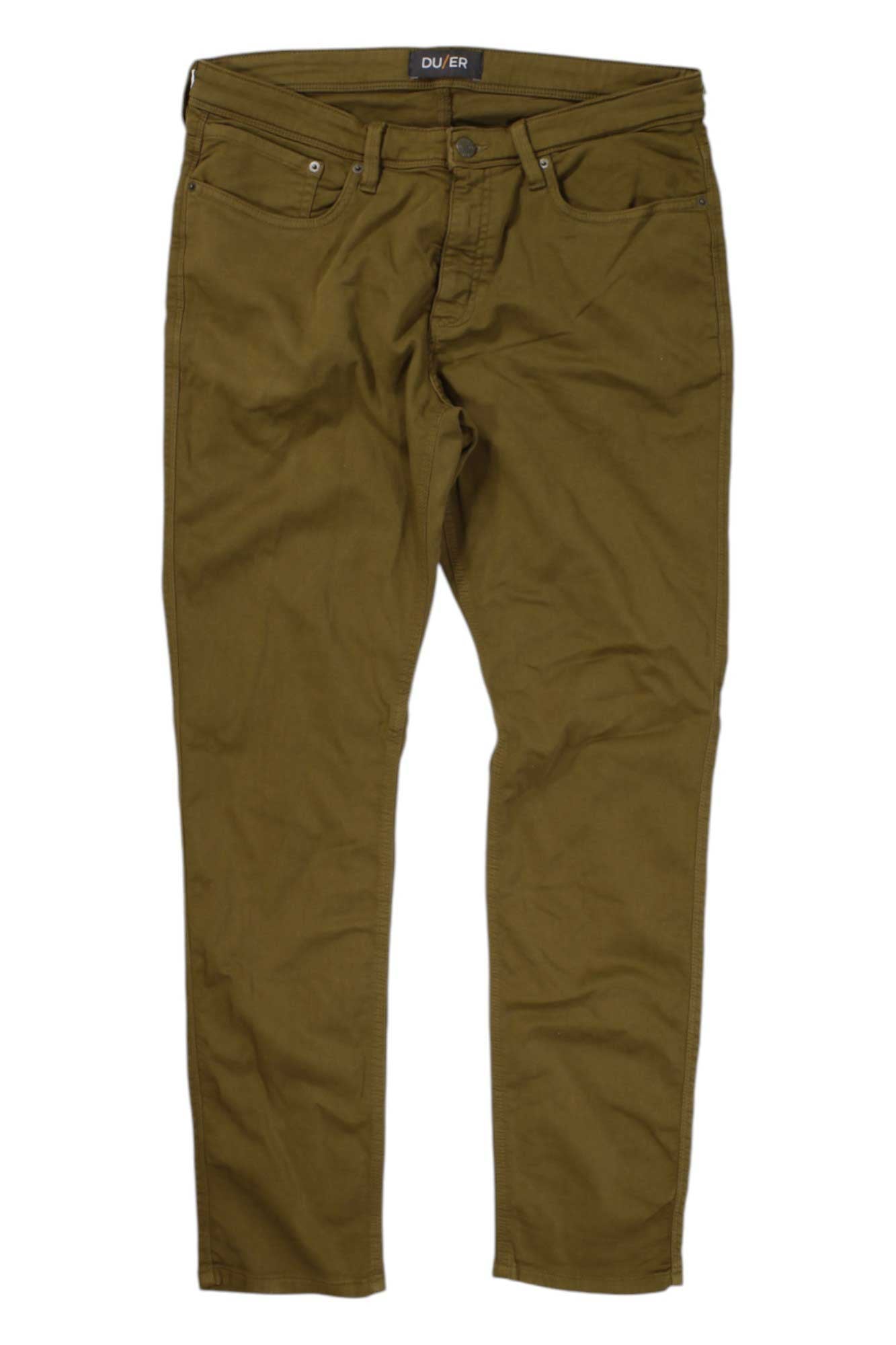A pair of DU/ER Mens No Sweat Slim Fit Pants in olive green, featuring front and back pockets, belt loops, a button closure, and an eco-friendly DU/ER label on the waistband.