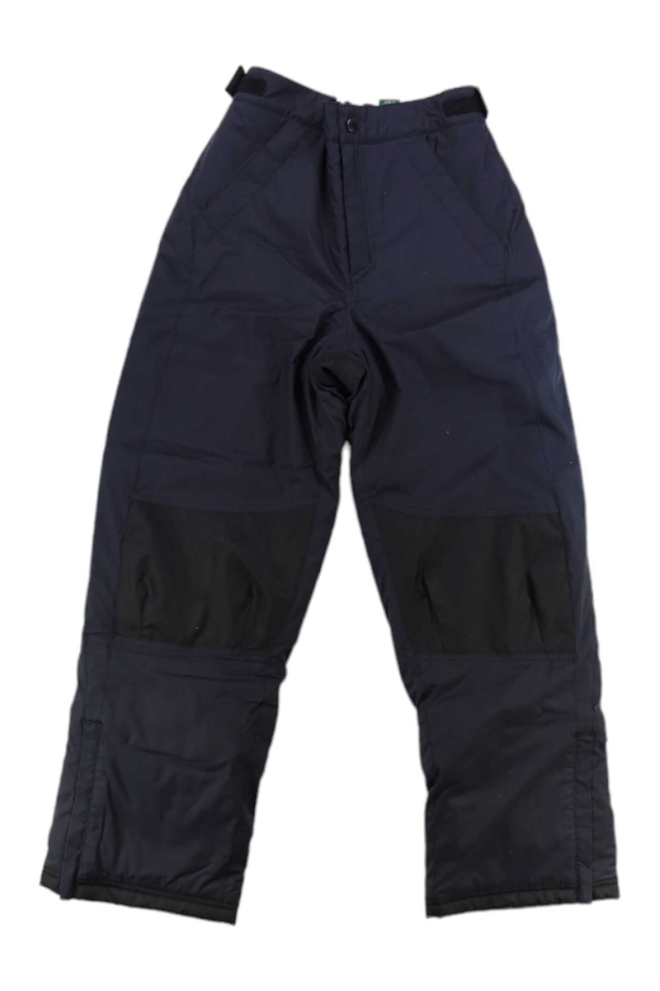 The L.L.Bean Kids Cold Buster Pant is an insulated, dark-colored snow pant with reinforced black knee patches, front pockets, nylon gaiters, and adjustable waist tabs, shown laid flat on a white background.