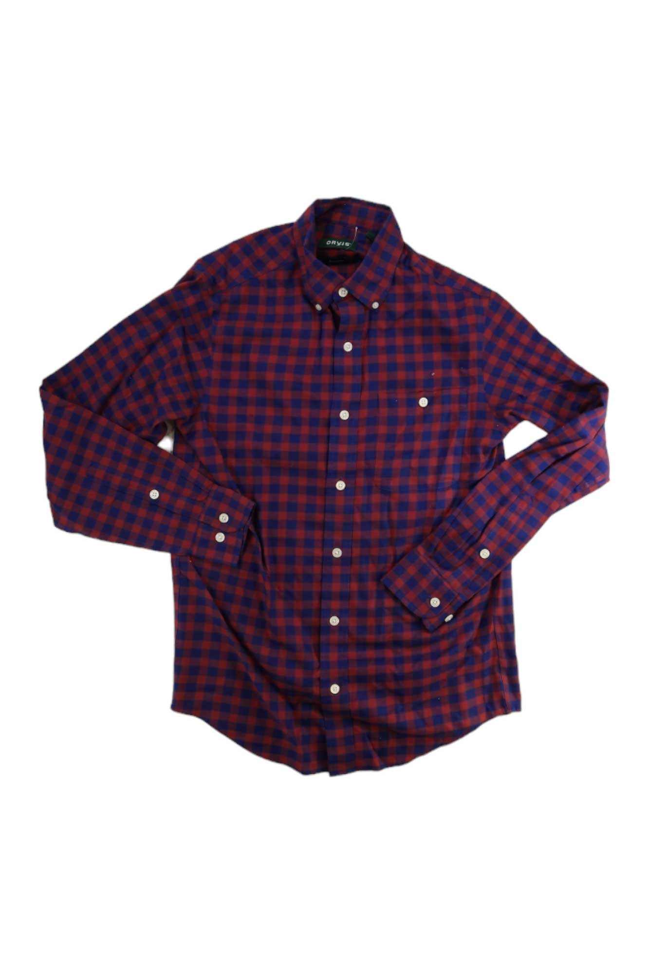 The Mens Classic Collection Long Sleeve Button Up features a red and navy plaid pattern, white buttons, and two chest pockets, shown laid flat on a white background.