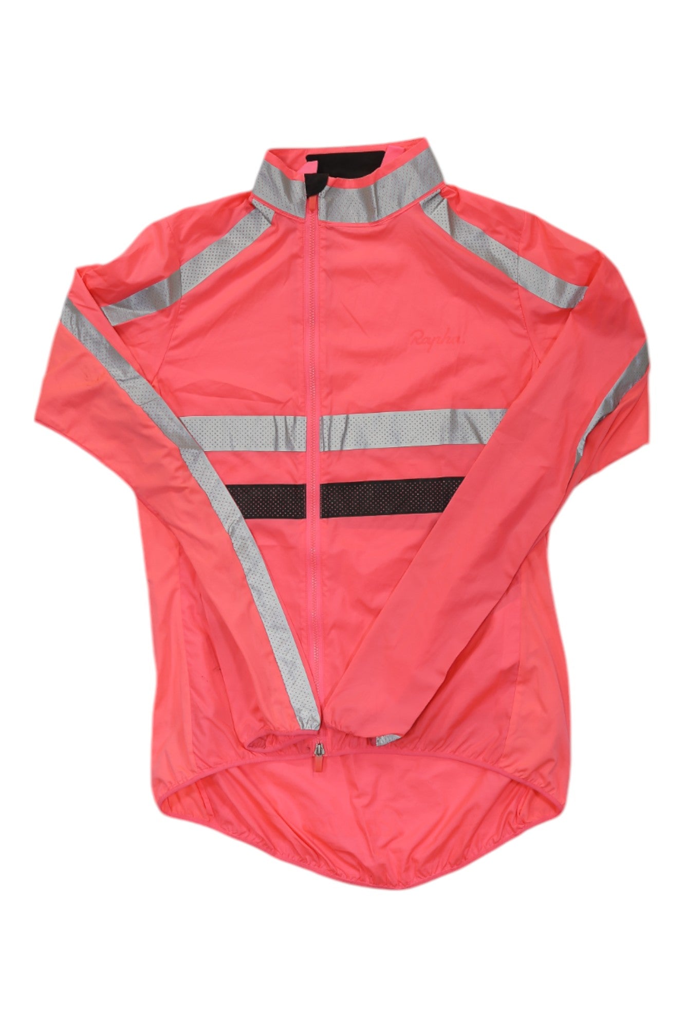 Women's pink wind jacket with gray reflective stripes and front zipper