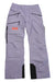 Helly Hansen Womens Powderqueen Pant in lavender, featuring multiple zippered pockets, black reinforced lower legs, and an orange HH logo on the thigh. Waterproof snow pants shown laid flat on a white background.