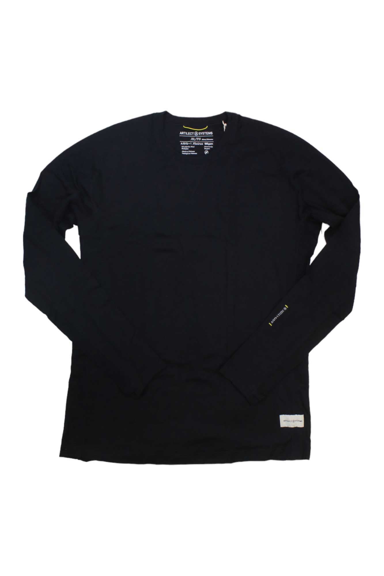The Artilect Mens Flatiron 185 Crew Top, a plain black long-sleeve shirt made from moisture-wicking fabric, is laid flat on a white background. A small tag appears at the bottom hem and another inside the collar.