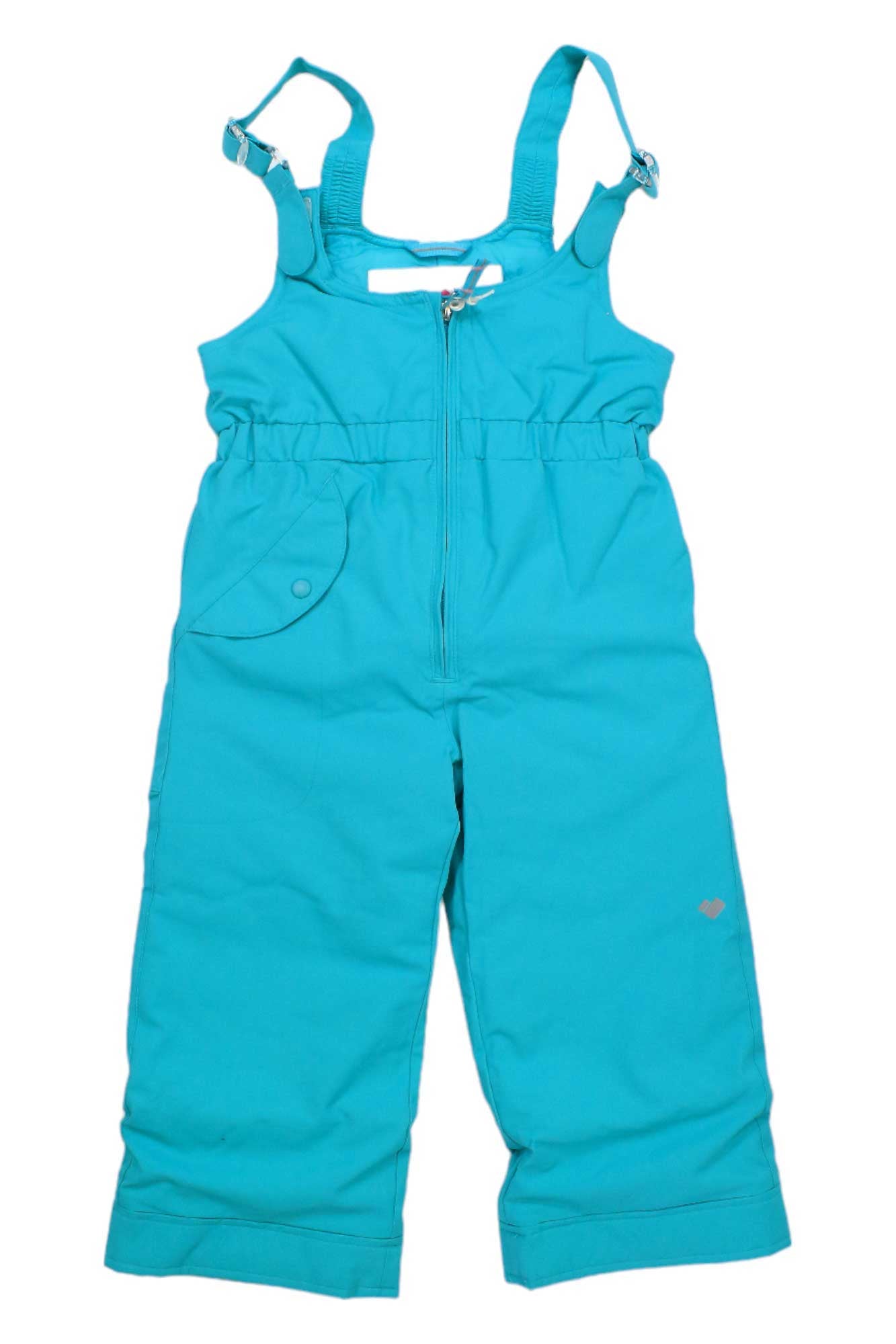 Bright turquoise Obermeyer Girls Snoverall Pant with adjustable straps, front zipper, and side pocket shown flat on white. These insulated ski pants are ideal for keeping girls warm in winter conditions.