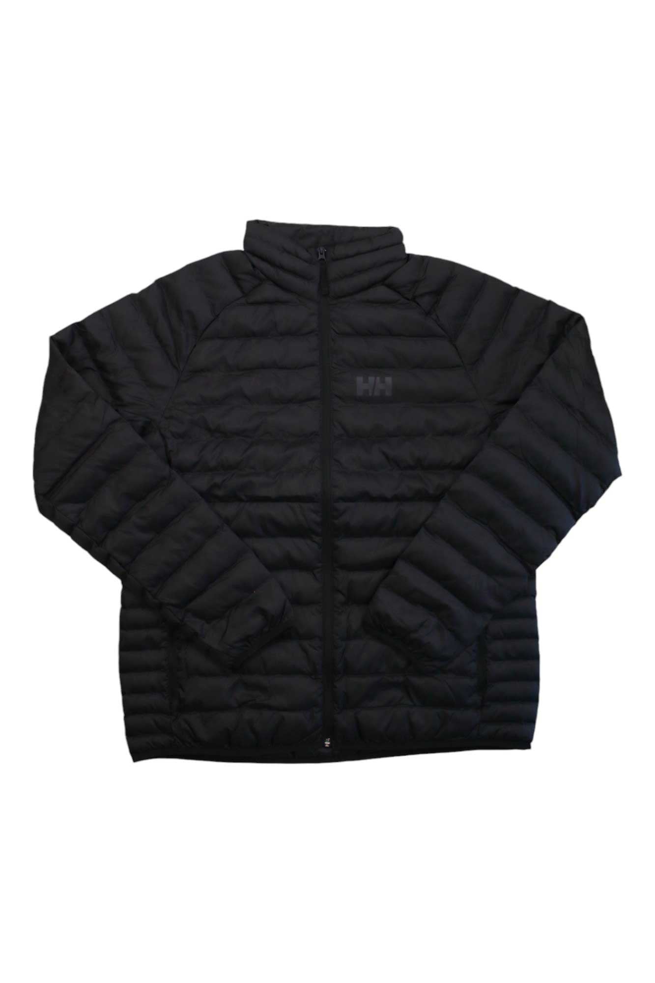 The Helly Hansen Men's Banff Insulator Jacket is a black, recycled polyester puffer with horizontal quilting, a high collar, front zipper, and subtle logo on the left chest for warmth and style.