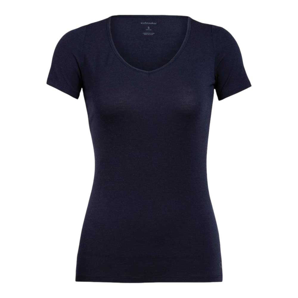 The Icebreaker Womens Siren SS Sweetheart Top is a slim fit, short-sleeve T-shirt in solid dark navy blue with a V-neck. It features a stretchy, plain design for comfort and is shown on a white background without patterns or logos.