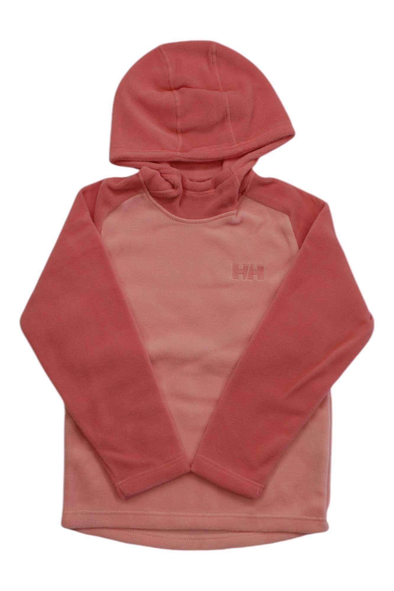 The Helly Hansen Kids Daybreaker Hoodie is a long-sleeved, two-tone pink fleece made from sustainable Polartec, featuring a hood, the HH logo on the left chest, and lighter pink body with darker pink sleeves and hood.