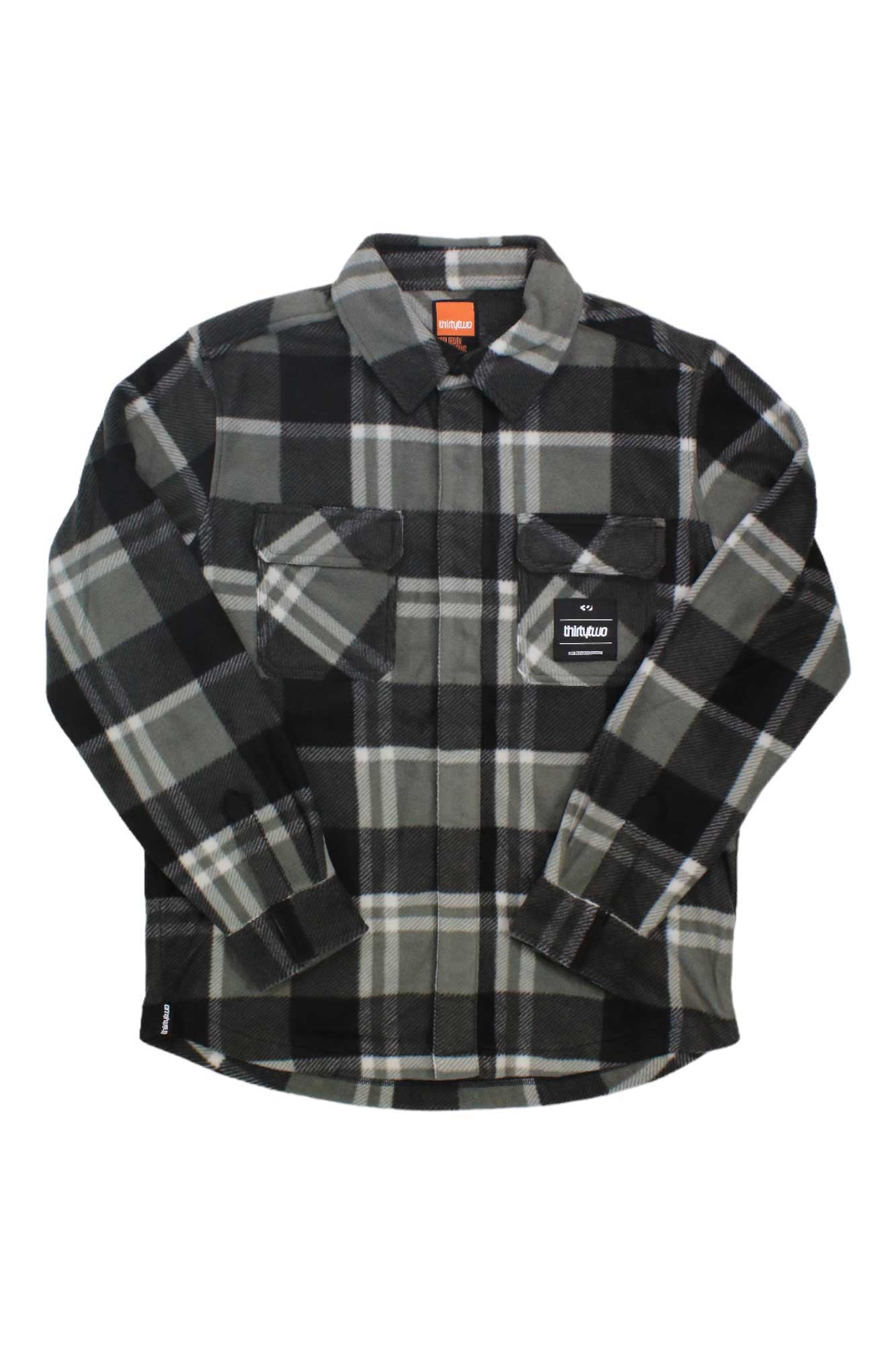 ThirtyTwo men's plaid button-up shirt, dark gray/black with light plaid, chest pockets