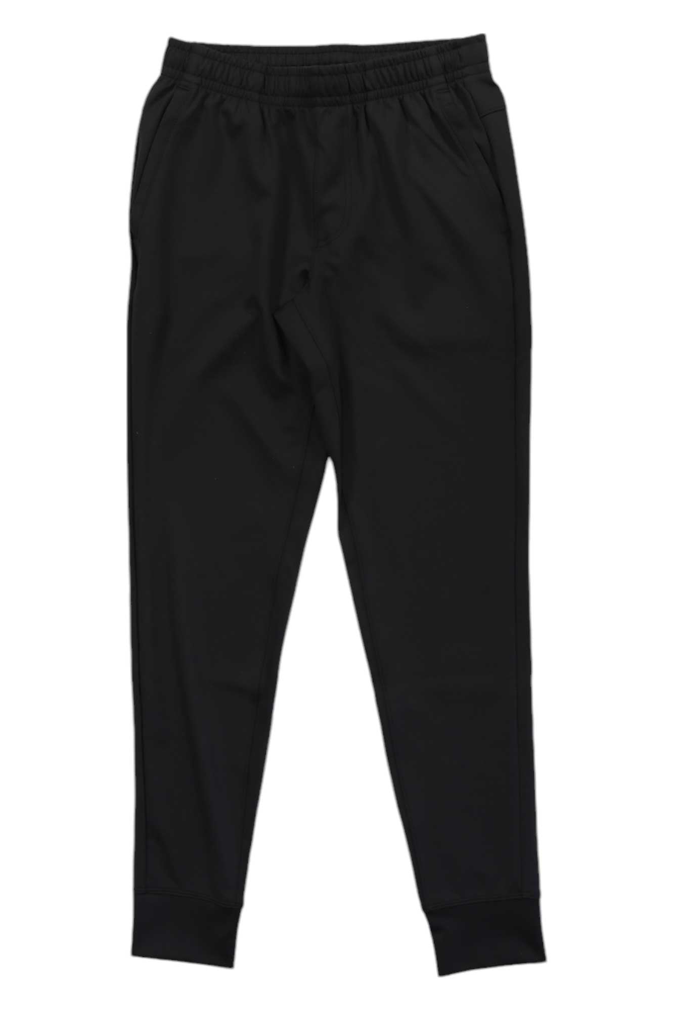 The Rhone Men's Spar Jogger, shown flat on a white background, features an elastic waistband, side pockets, and tapered legs. Made from moisture-wicking fabric, these black athletic pants are designed for comfort and performance.