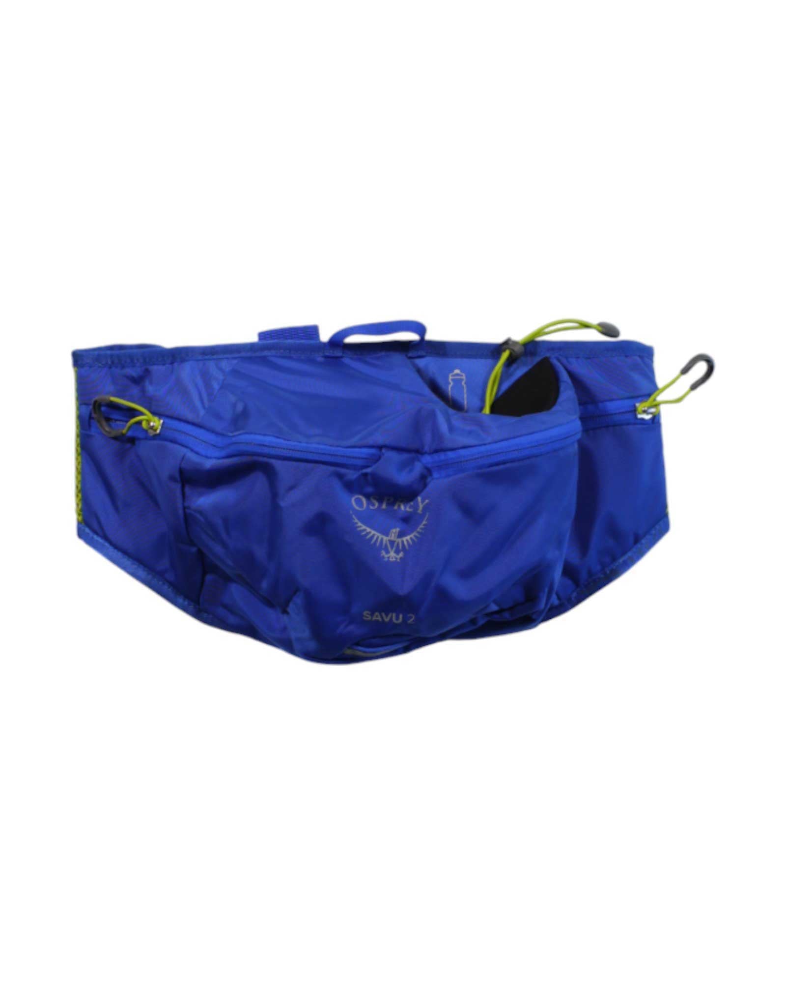 A blue Osprey Savu 2 Bike Hydration Waist Pack featuring multiple zippered pockets, yellow accent cords, a top carrying handle, and constructed from recycled fabrics.