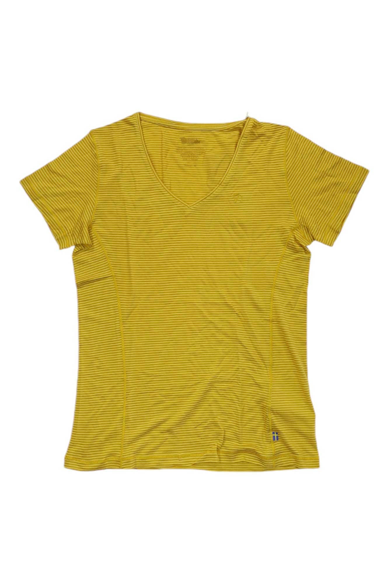 Fjallraven women's Abisko Cool T-shirt, mustard yellow striped v-neck, chest logo