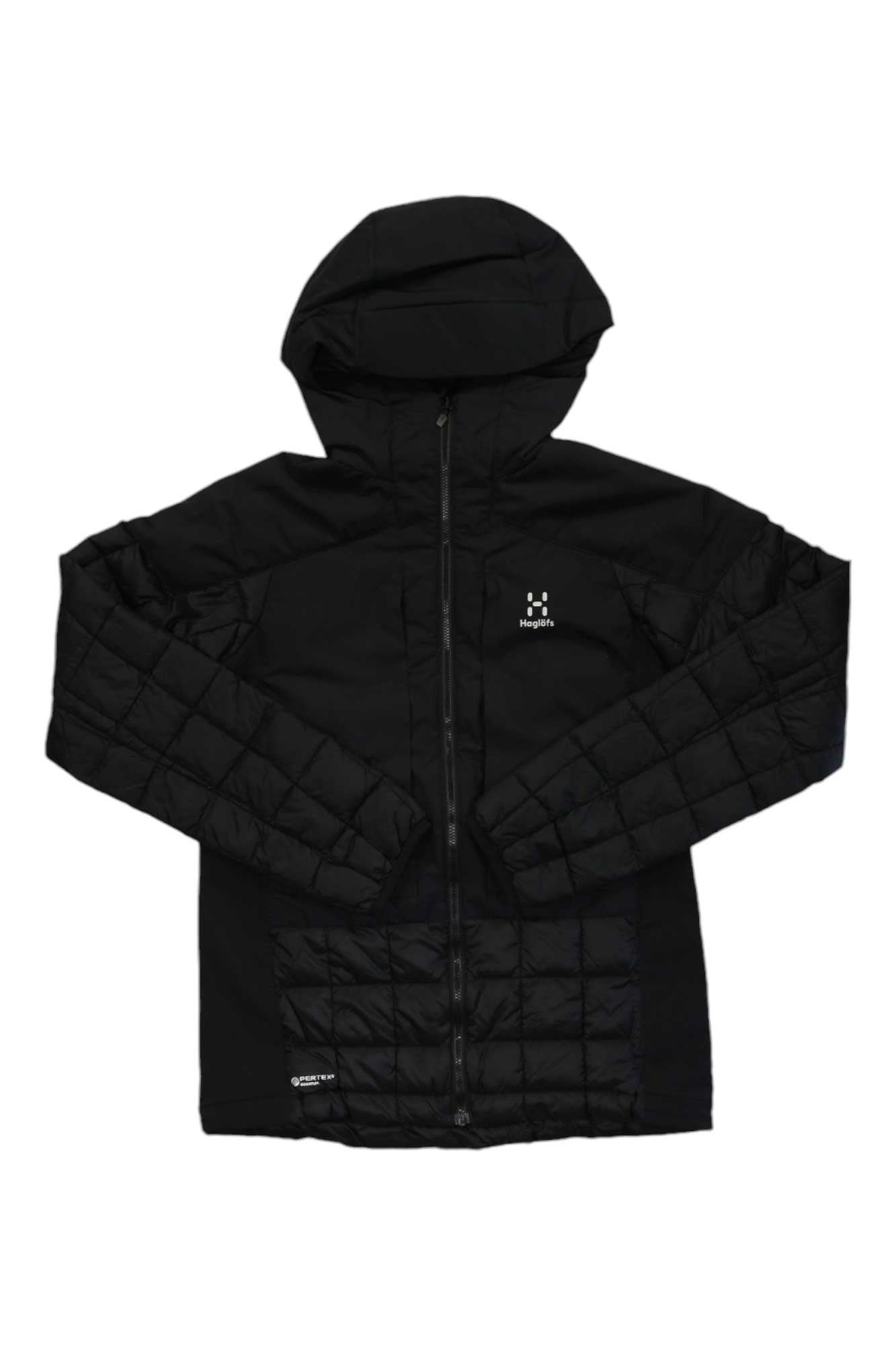 The Haglofs Womens Nordic Mimic Hoodie in black features a front zipper, quilted sleeves and lower panels, a small white chest logo, and a hem label. The hoodie is displayed laid flat on a white background.