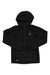 The Haglofs Womens Nordic Mimic Hoodie in black features a front zipper, quilted sleeves and lower panels, a small white chest logo, and a hem label. The hoodie is displayed laid flat on a white background.