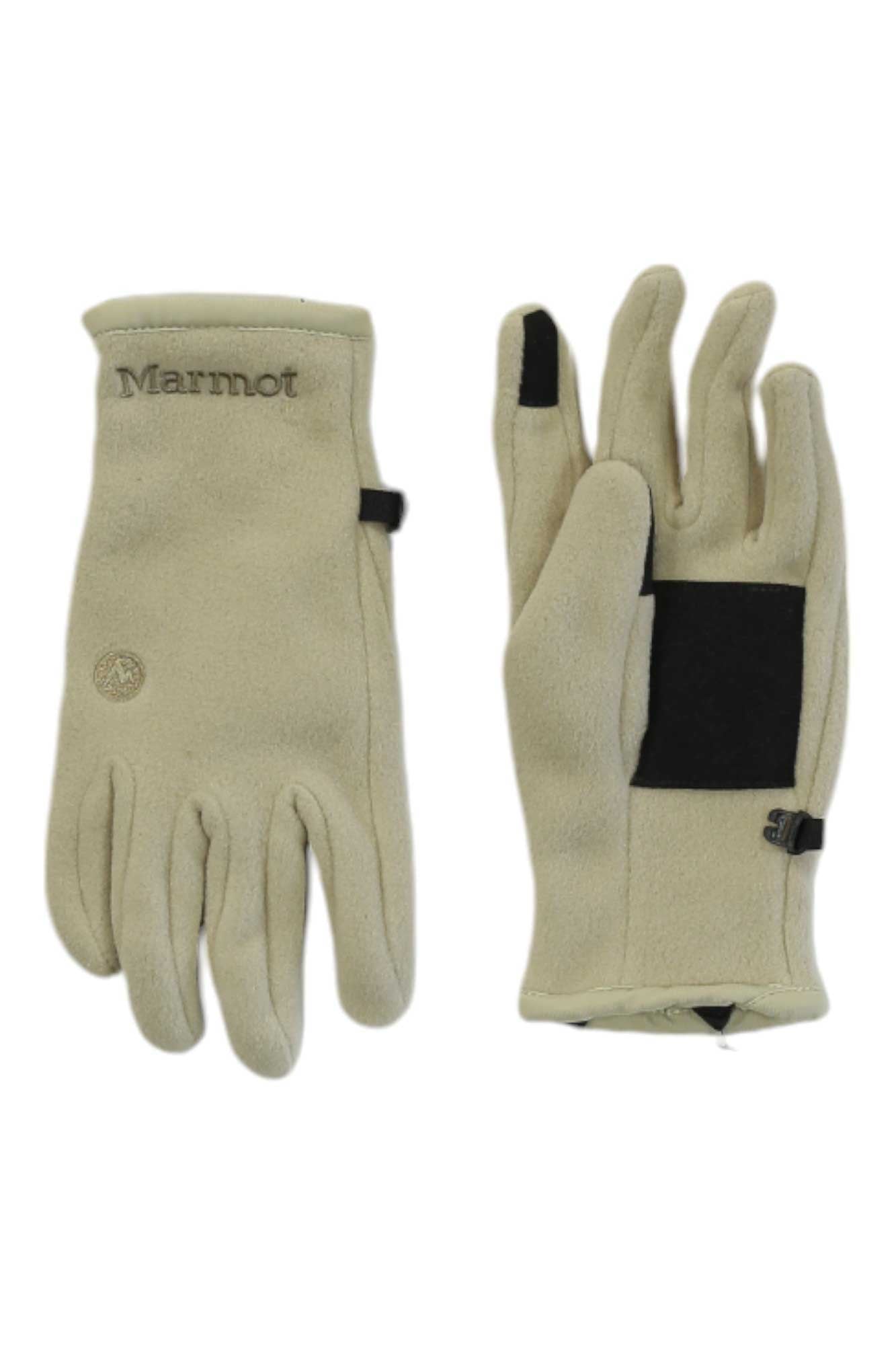 A pair of light beige Marmot Rocklin Fleece Gloves made with recycled polyester—one shows the black touchscreen-compatible palm patch, and the other displays the Marmot logo embroidered near the cuff.