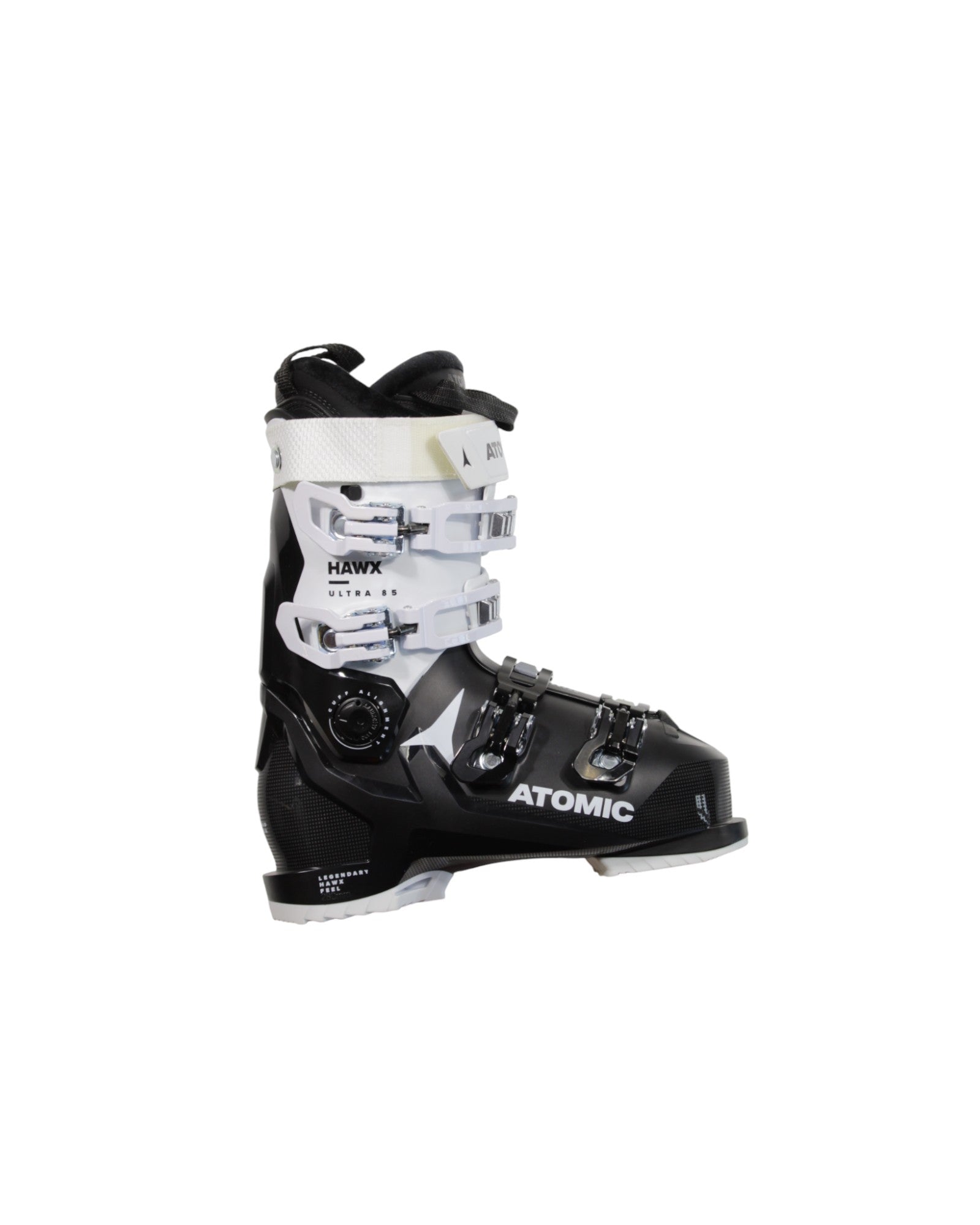 The Atomic Women's Hawx Ultra 85 W Ski Boots '23 are black and white with multiple adjustable buckles and HAWX and ATOMIC branding, designed for intermediate to advanced skiers, shown on a plain white background.