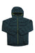 The Big Agnes Youth Ice House Jacket is a dark green kids’ puffer with a hood, front zipper, quilted design, long sleeves, and upper arm patch—crafted for warmth and style.