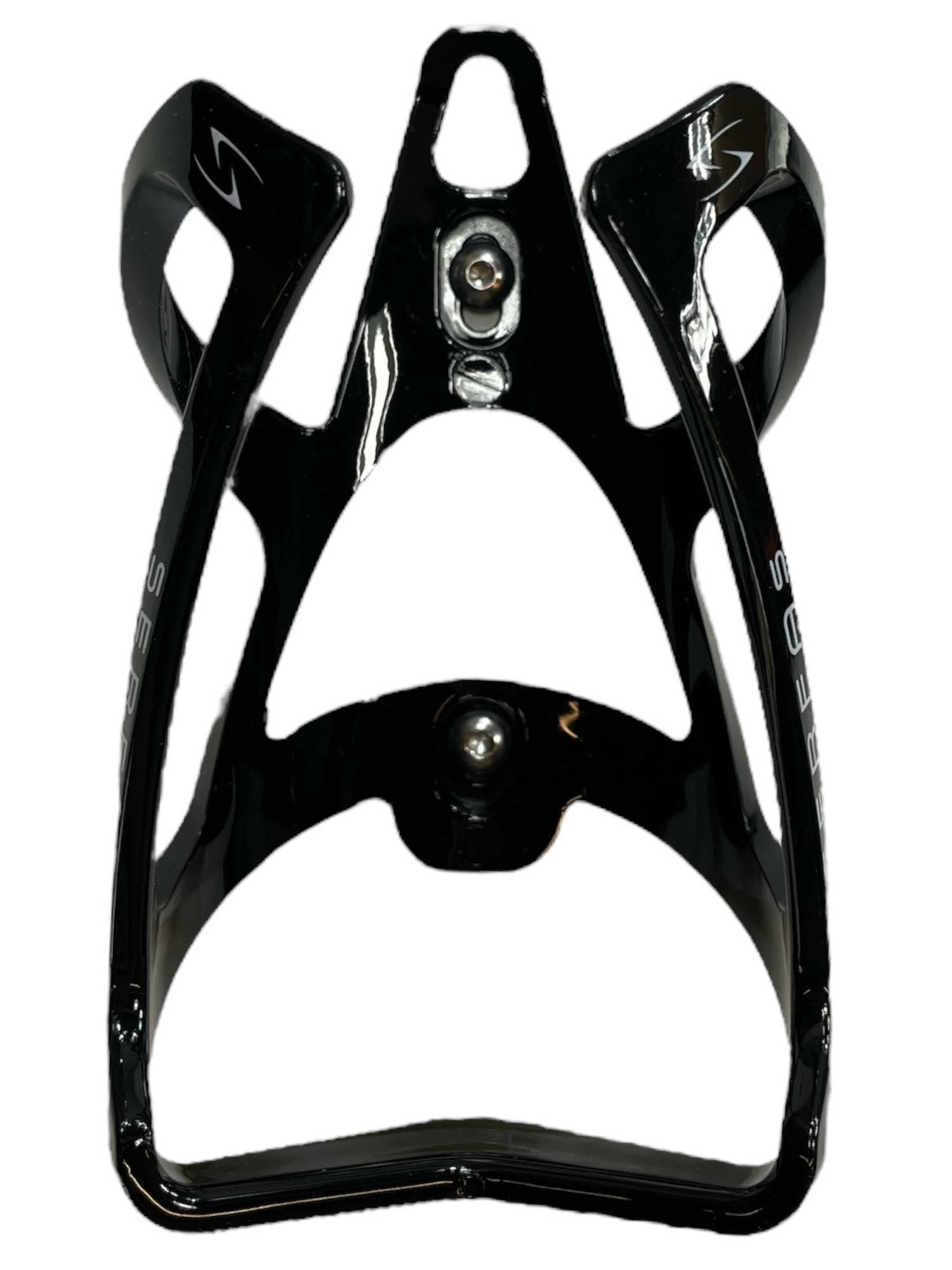 The Serfas NC-200 Starfighter Nylon Cage is a black, glossy, lightweight bottle holder with an open-frame design and mounting holes for easy attachment to your bike frame.