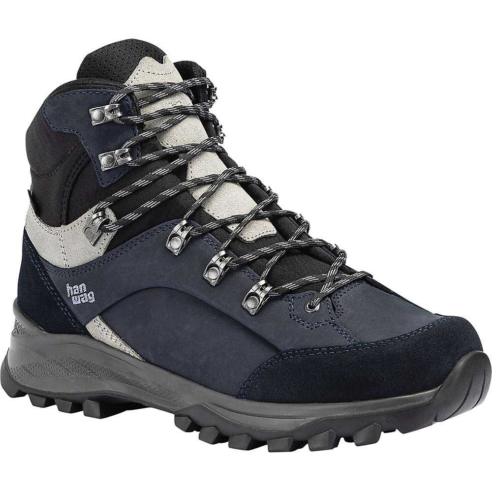 The Hanwag Men's Alta Bunion II GTX Boot is a dark blue and gray hiking boot with black laces, metal eyelets, and a rugged Vibram Endurance Pro outsole, made for outdoor activities.