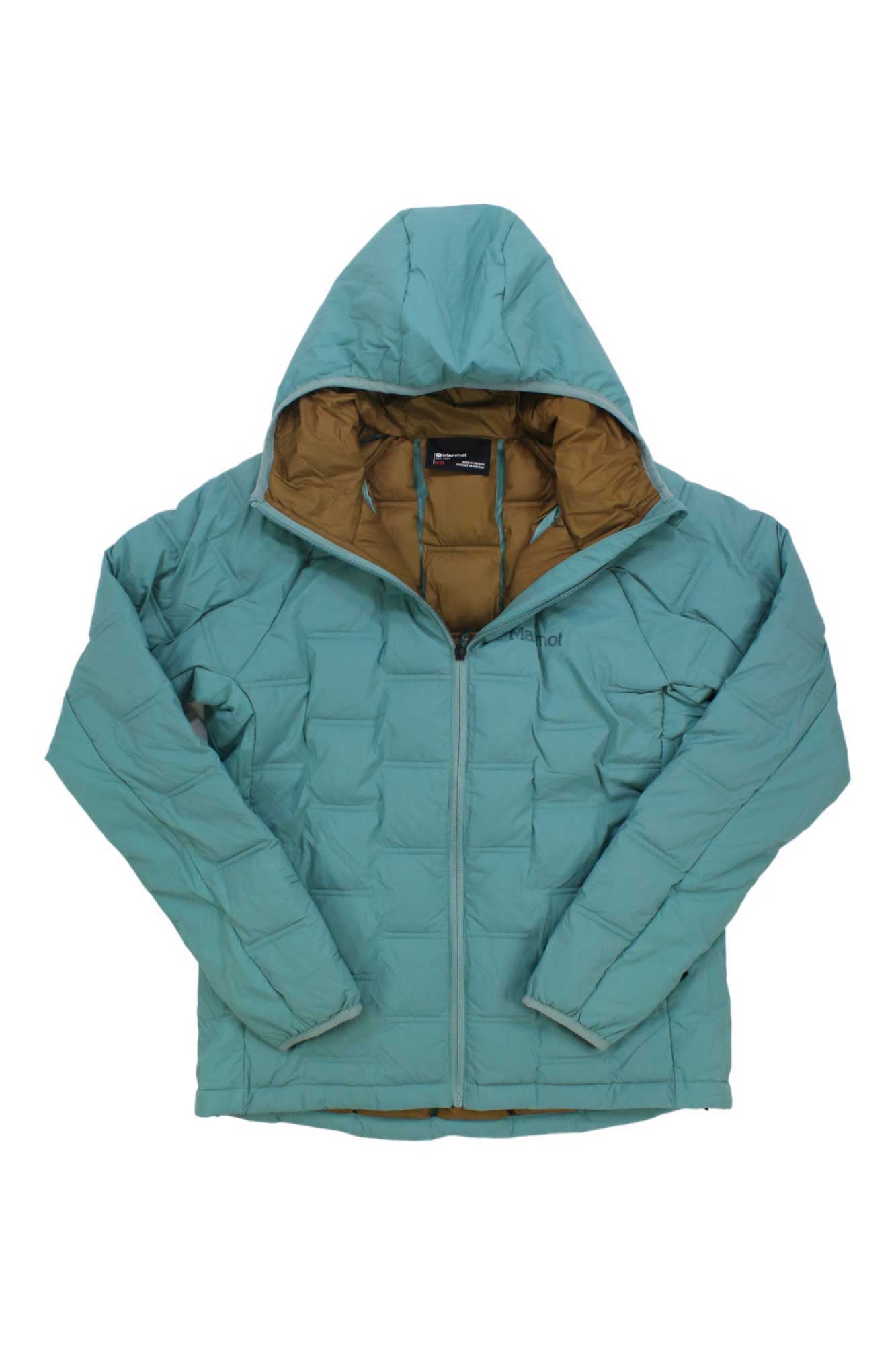 The Marmot Women's WarmCube Active Novus Hoody in teal features synthetic insulation, a front zipper, tan lining, and is shown flat with bent arms and the hood up.