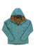 The Marmot Women's WarmCube Active Novus Hoody in teal features synthetic insulation, a front zipper, tan lining, and is shown flat with bent arms and the hood up.