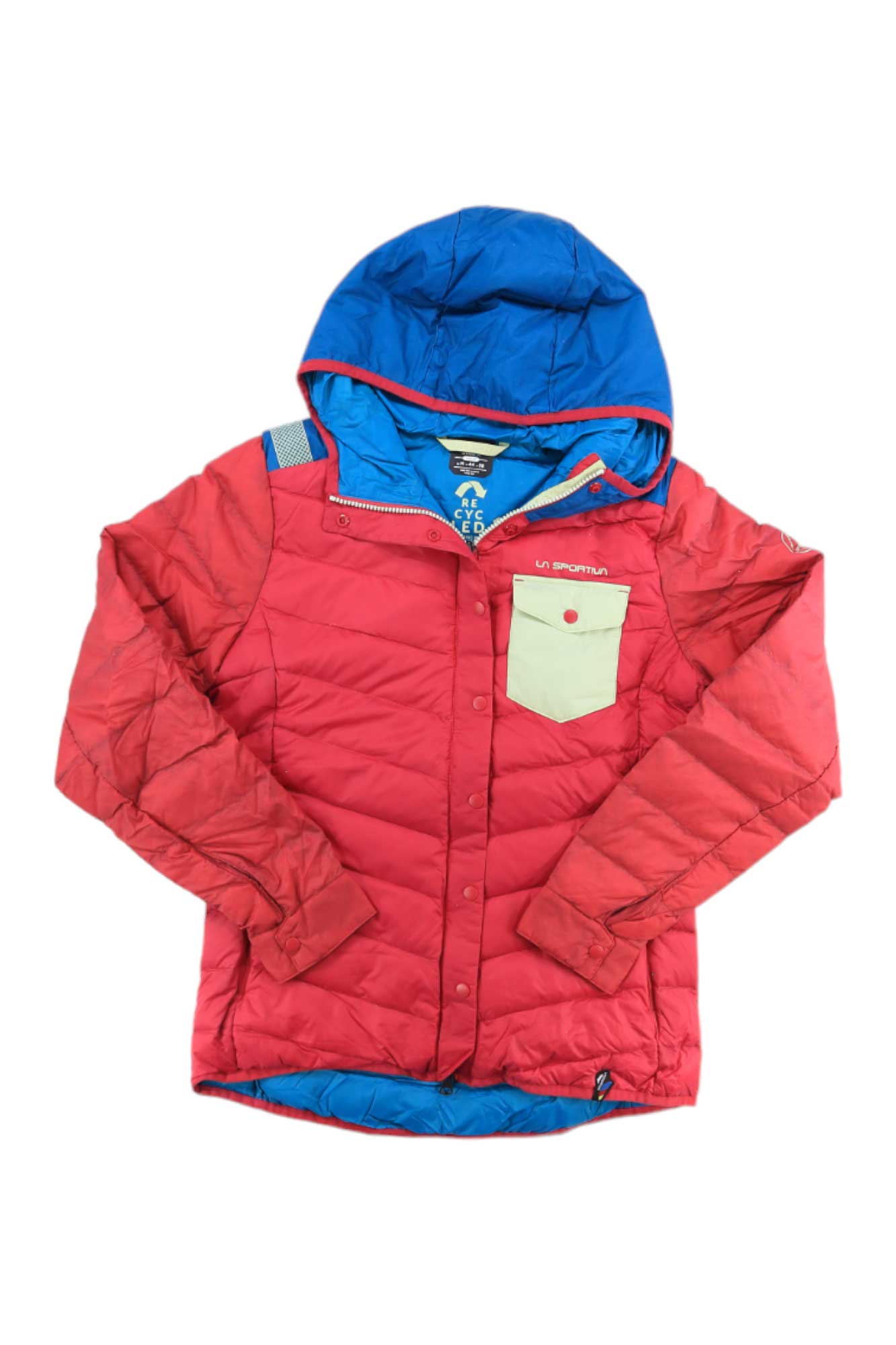 The La Sportiva Womens Wild Down Jacket is a red puffer with a blue hood, light green chest pocket, and blue lining. Shown on a white background, it provides stylish insulation for outdoor activities.
