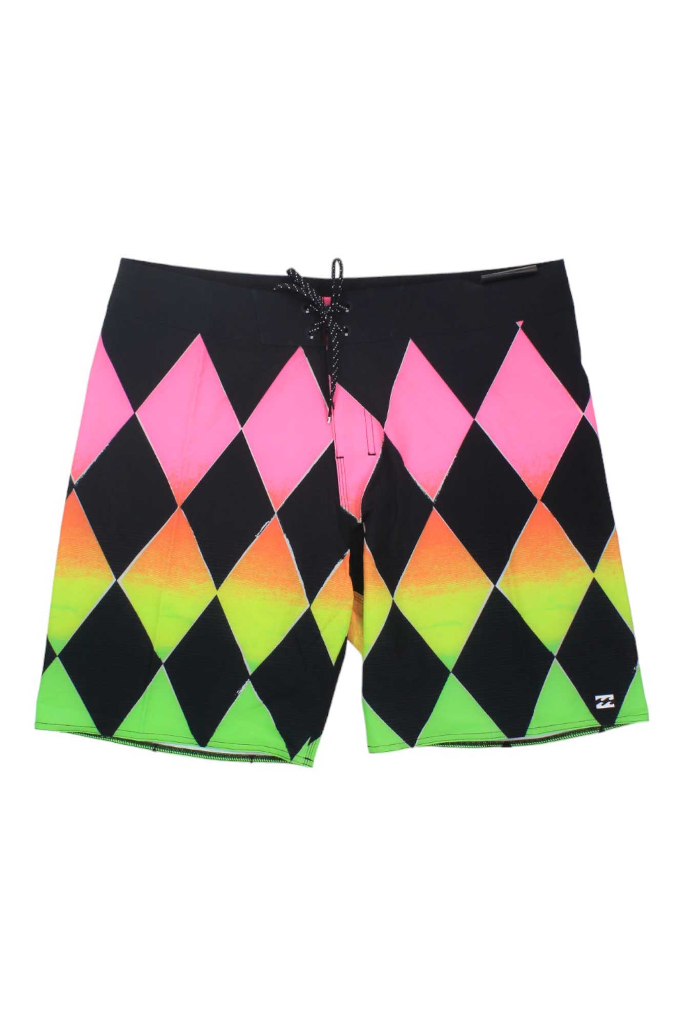 The Billabong Mens Sundays Airlite Boardshort features a bold diamond pattern in black, pink, orange, and green with quick-drying fabric, a drawstring waistband, and a small white logo on one leg.