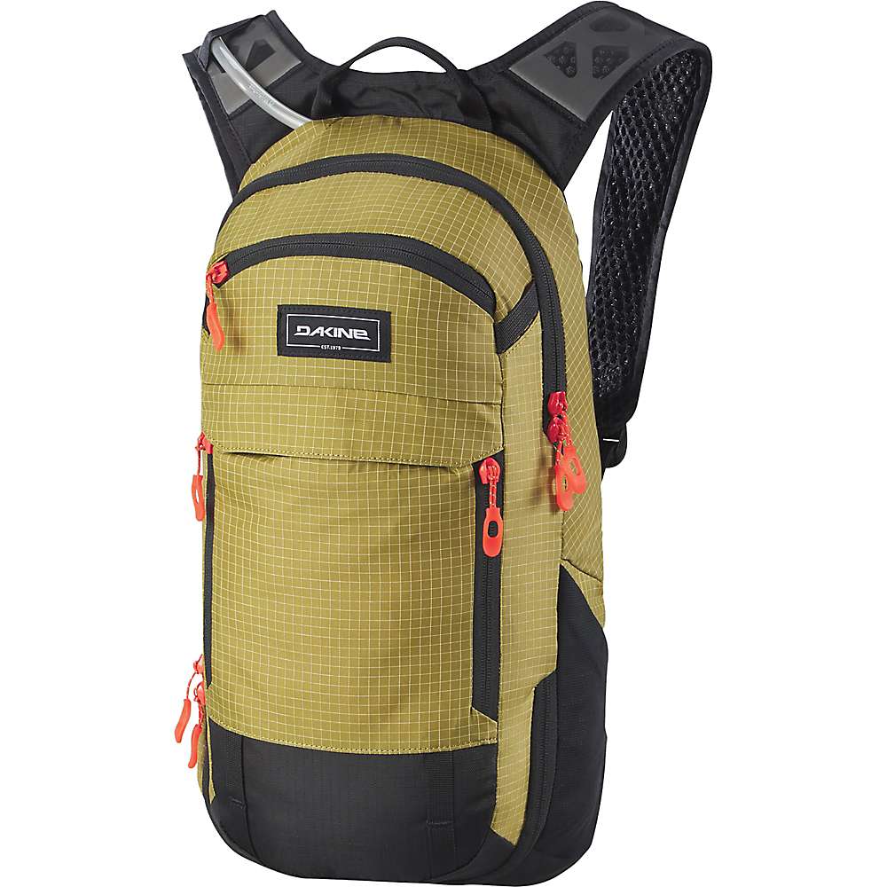 The Dakine Syncline 12L Hydration Pack features yellow and black colors, multiple zippered compartments, orange zipper pulls, an adjustable shoulder strap with a hydration tube, and is compatible with spine protectors—ideal for mountain biking.
