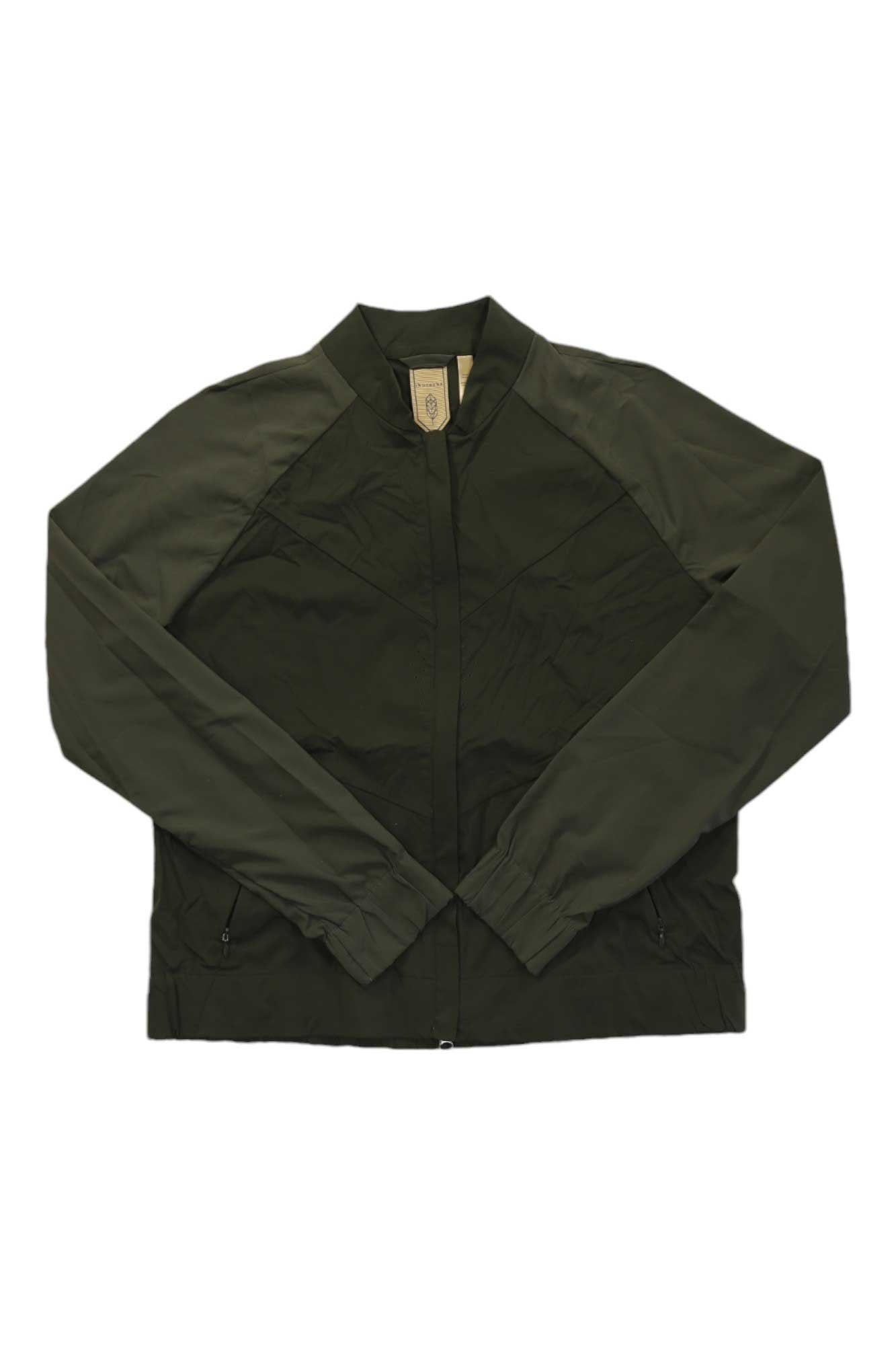 Women’s dark olive stand-collar jacket with front zipper and angled quilting