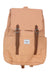The Herschel Supply Company Retreat Small Backpack in tan features EcoSystem recycled fabric, a flap top, two brown buckle straps, and a small white rectangular logo patch on the front pocket.