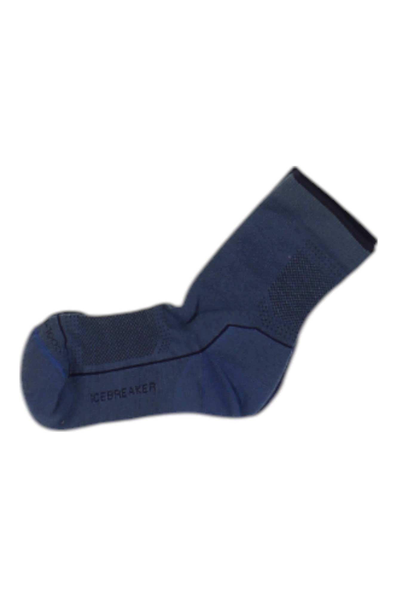 The Icebreaker Womens Lifestyle Cool Lite 3/4 Crew Sock in dark blue features a textured pattern on the ankle and foot, is made from moisture-wicking fabric, and is shown on a white background.