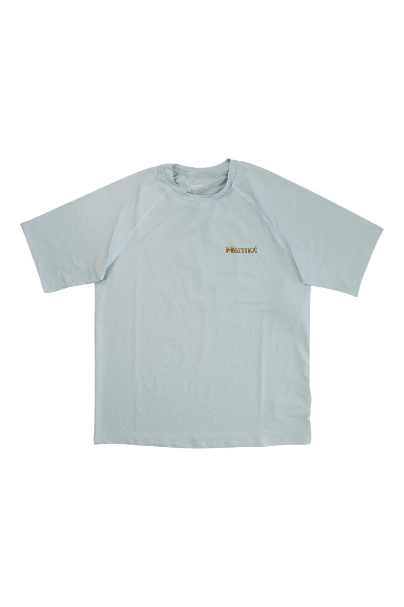 Men's short-sleeve crewneck graphic T-shirt in light blue with Marmot logo on chest