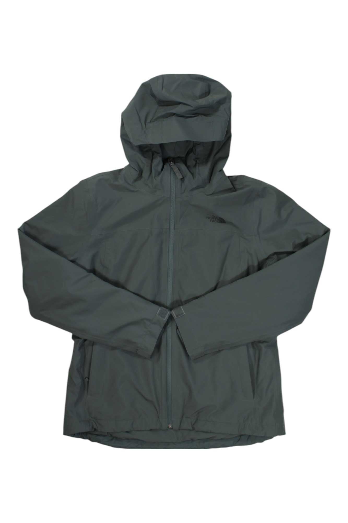 The North Face Womens Dryzzle FUTURELIGHT Insulated Jacket is a dark green, waterproof, hooded jacket for women with long sleeves, relaxed fit, front zipper closure, and FUTURELIGHT technology, shown laid flat on a white background.