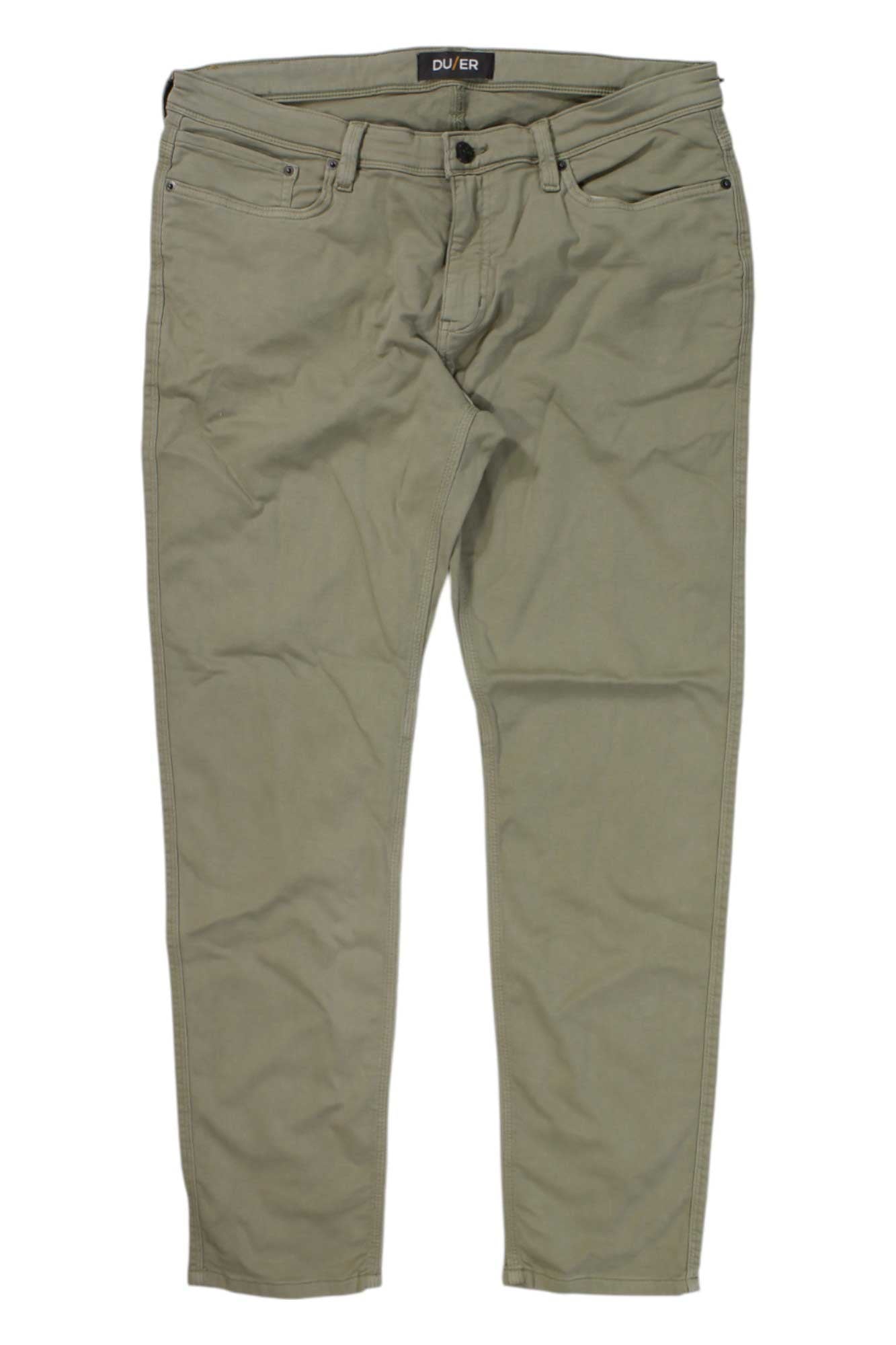 A pair of khaki DU/ER Men's No Sweat Slim Fit Pants featuring front pockets, belt loops, a button waist closure, and the DUER logo on the inner waistband. Made from eco-friendly, moisture-wicking fabric.