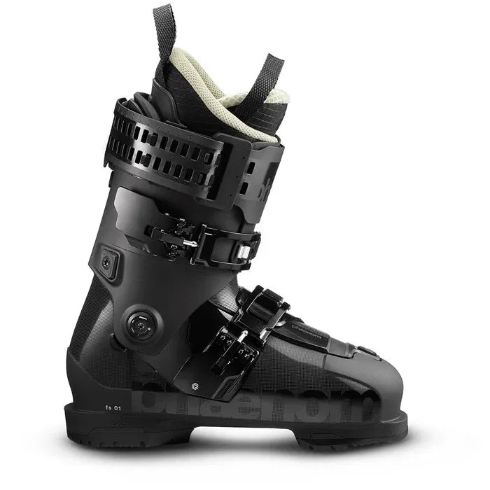 The Phaenom FS 01 120 Ski Boot by Phaenom is a black all-mountain freeski boot with two adjustable buckles, a thick cuff, textured details, high ankle support, padded inner lining, and sturdy build for optimal power transmission.
