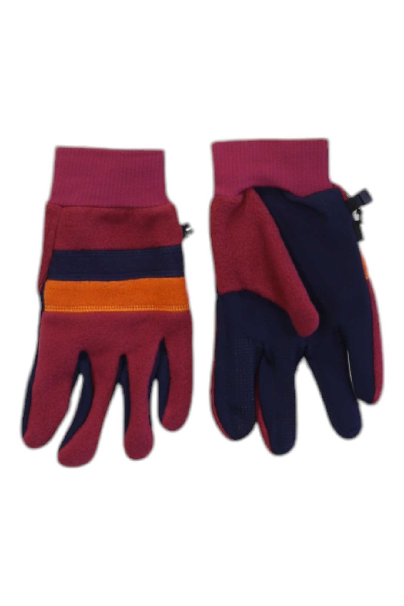 Fleece full finger gloves, maroon with navy and orange stripe accents