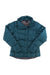 Nau teal quilted down jacket with hood, zip front, and chest snap pockets