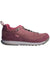 A side view of the Oboz Womens Jeannette Low Shoe in pink, featuring a textured upper made from recycled fibers, gray sole, lace-up closure, small Oboz tag near the heel, and a back pull loop.