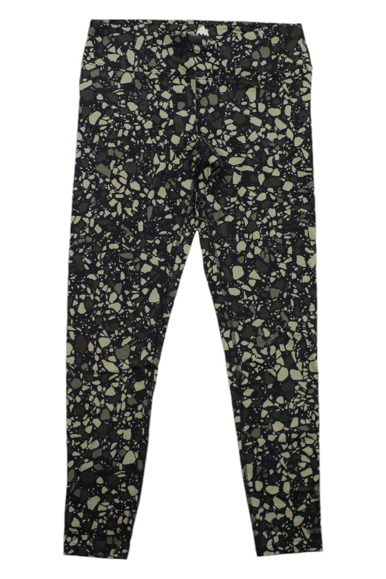 The Burton Womens Midweight Base Layer Pant for Black women features an abstract terrazzo print in light beige and gray, shown flat on a white background. Made with moisture-wicking fabric, these thermal bottoms provide added comfort.
